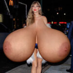 Skimpy T.S. goes around showing off her giant tits at night