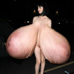 Naked Kr.Ri. goes to a dark parking lot to get her huge tits covered in cum