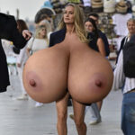 Br.La. on a walk exposing her huge tits out