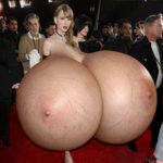 T.S. walking around with her naked giant silicone tits out